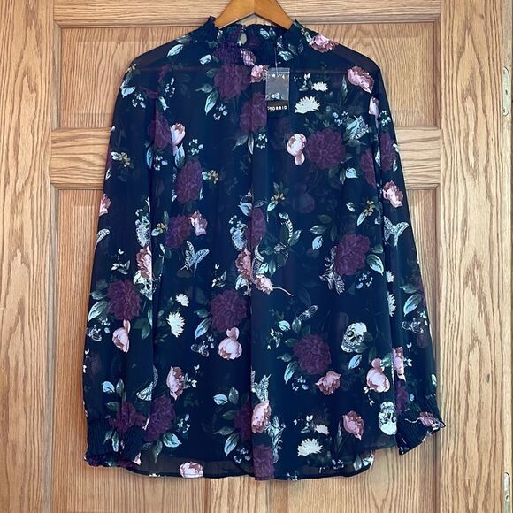 TORRID *NWT* Smocked Neck Chiffon Skull Floral Print Top - Picture 4 of 14